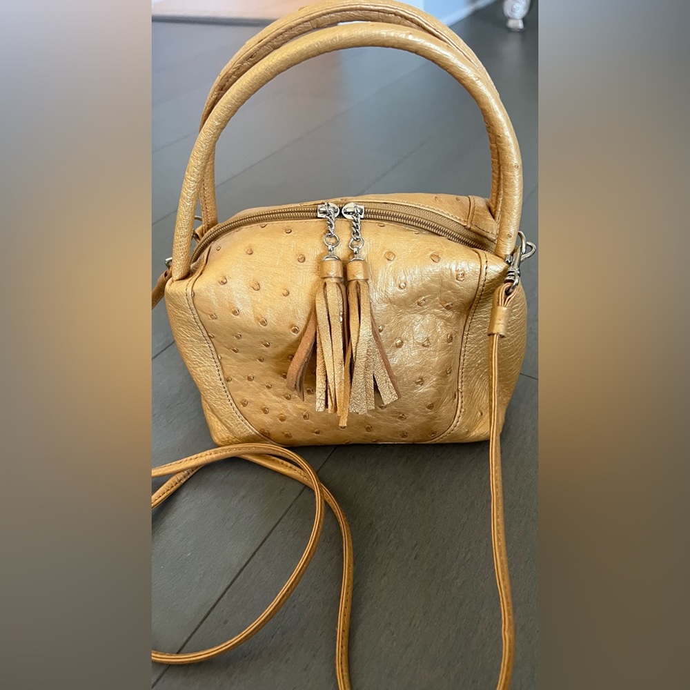 genuine ostrich leather gold handbag w crossbody strap